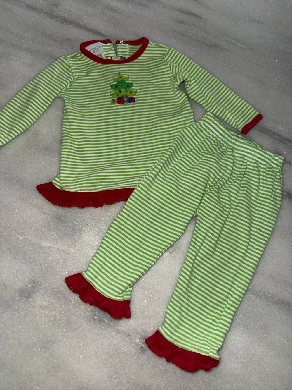 Squiggles by Charlie Green Stripe Christmas Tree Set with Red Trim Cotton 6-9m